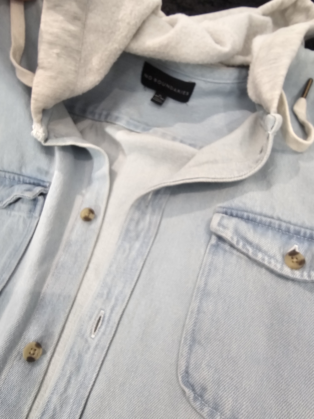 No Boundaries Light Wash Denim Hooded Shirt Jacket